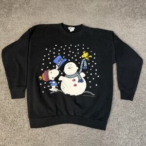 Vintage Peanuts Sweatshirt Womens Big 1X Black Snoopy Snowman Woodstock MBC Xmas